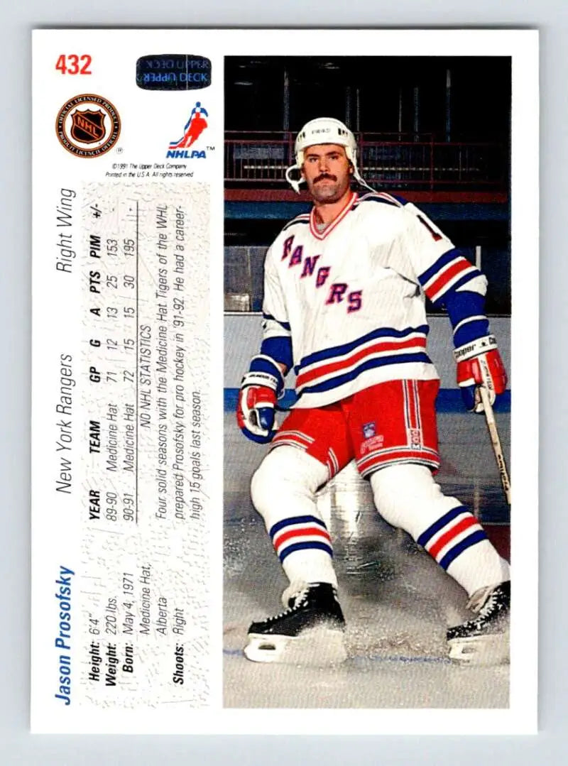 Hockey player in New York Rangers uniform on 1991-92 Upper Deck Jason Prosofsky card