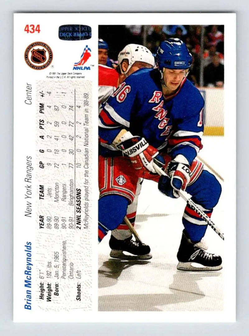 Hockey card of Brian McReynolds in blue jersey from Upper Deck 1991-92 series