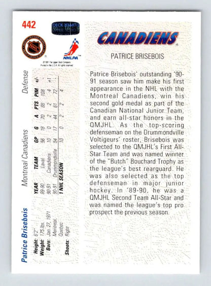 Patrice Brisebois Upper Deck trading card featuring Montreal Canadiens stats and biography
