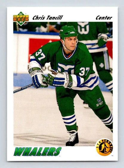 Hockey player in green Hartford Whalers jersey number 37 from Chris Tancill Upper Deck card