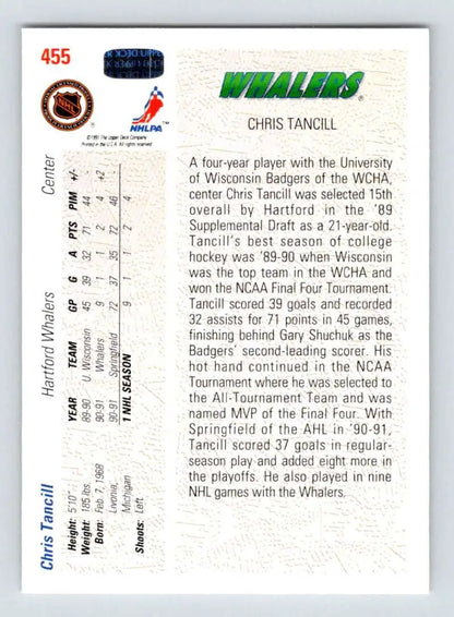 Trading card of Chris Tancill featuring stats, biographical info from Upper Deck Hartford Whalers