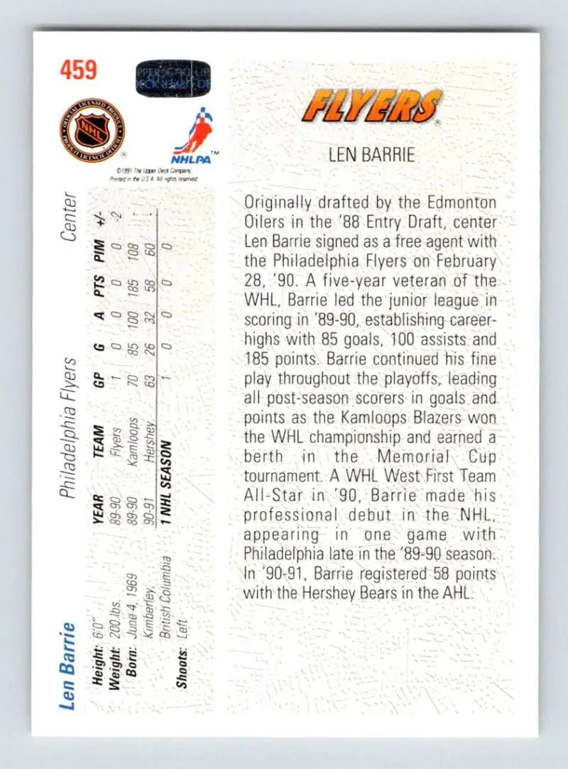 Hockey card featuring Len Barrie statistics and biography from the 1991-92 Rookie set