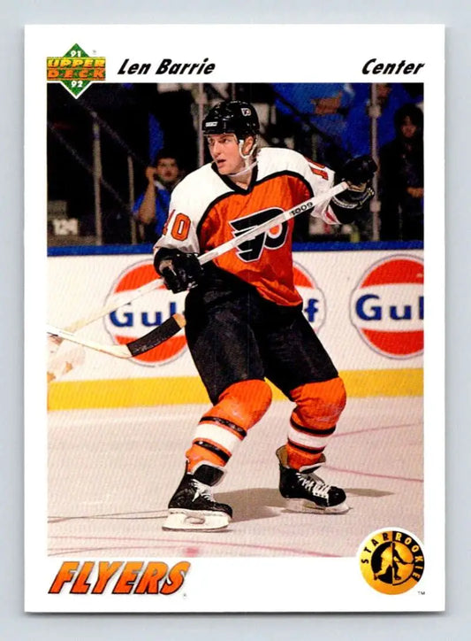 Hockey player in Philadelphia Flyers jersey highlighting Len Barrie rookie hockey card