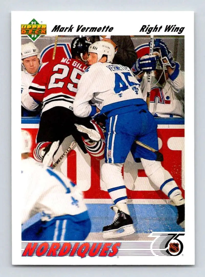 Hockey card featuring Mark Vermette in a Quebec Nordiques and Blackhawks battle