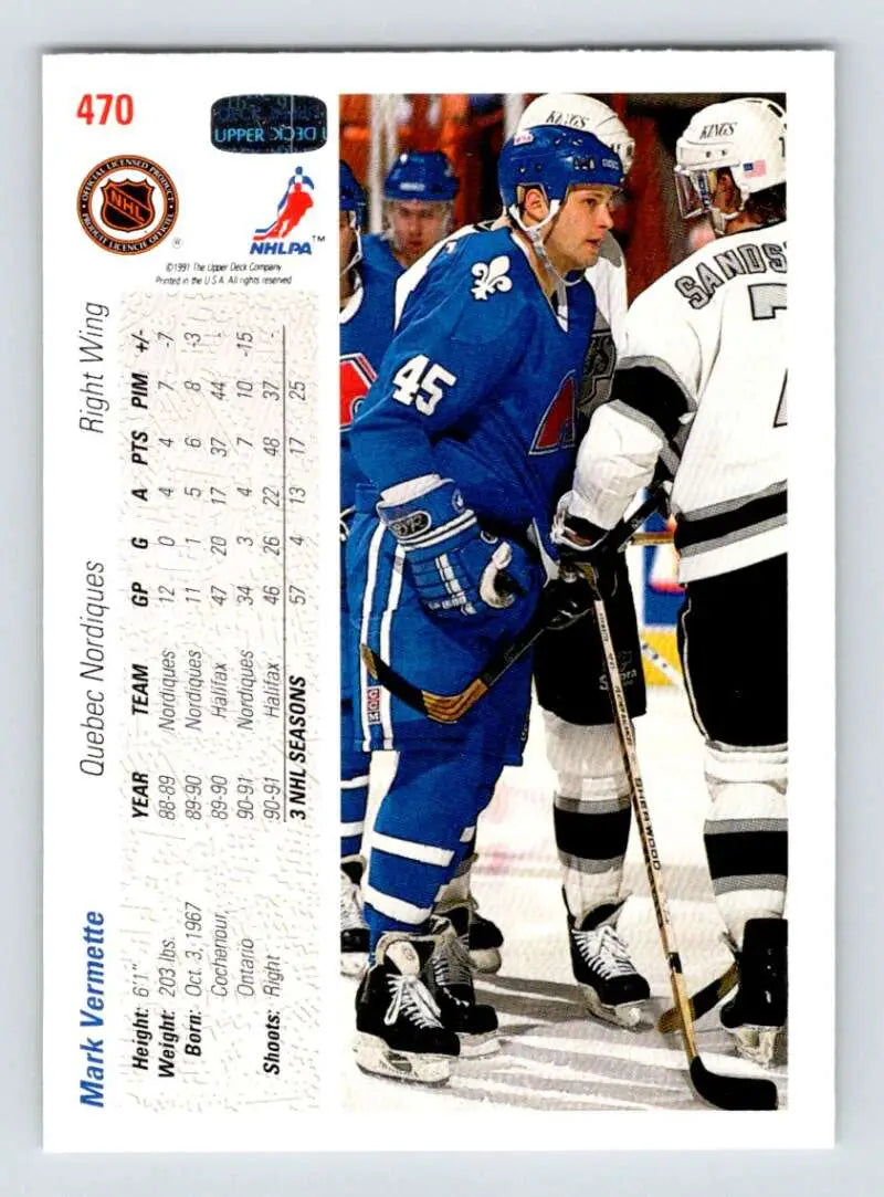 Mark Vermette Upper Deck hockey card featuring Quebec Nordiques vs Los Angeles Kings