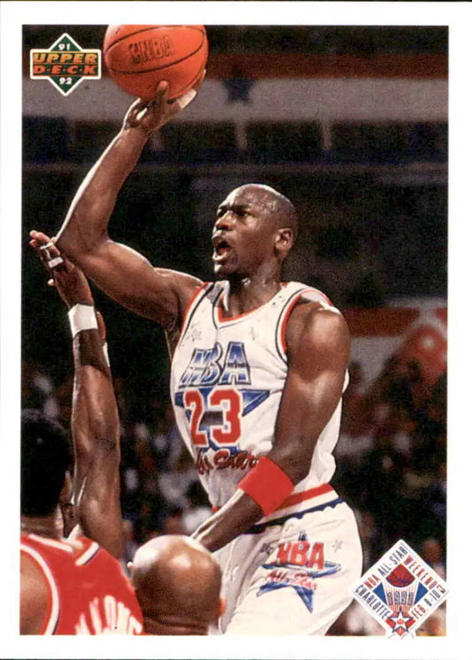 Basketball player in USA #23 jersey shooting ball, showcasing Michael Jordan from Upper Deck