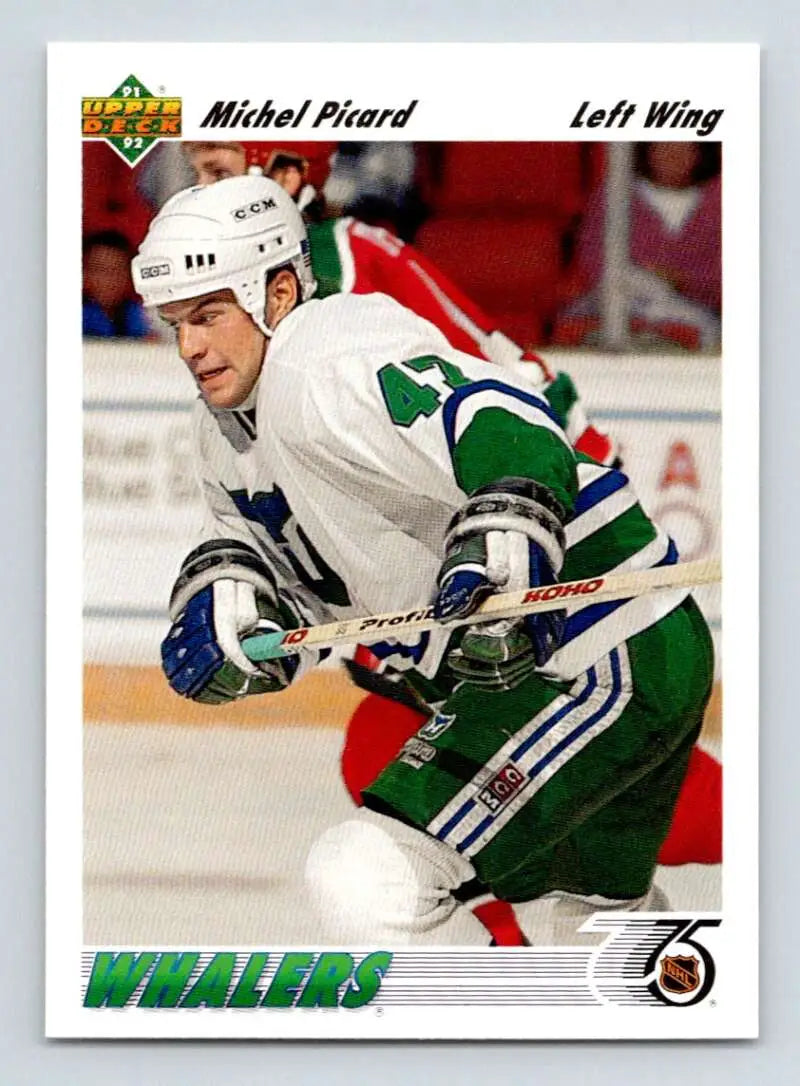 Hockey player in Hartford Whalers jersey showcasing Michel Picard Rookie Hockey Card