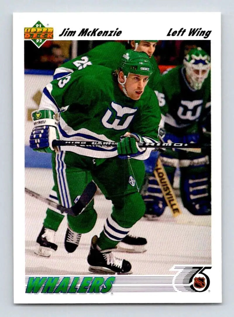 Hockey player in green Hartford Whalers jersey inline with Jim McKenzie Upper Deck card