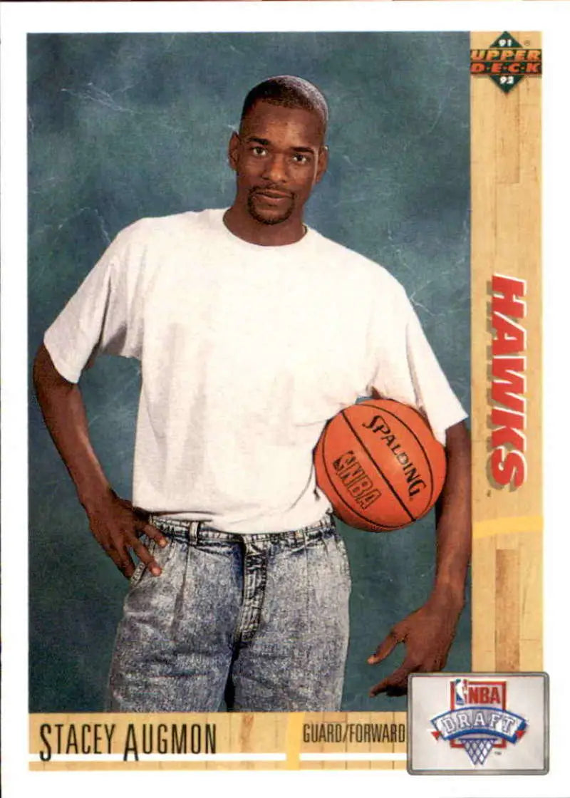 Stacey Augmon 1991-92 Upper Deck rookie Atlanta Hawks basketball card in white shirt and jeans