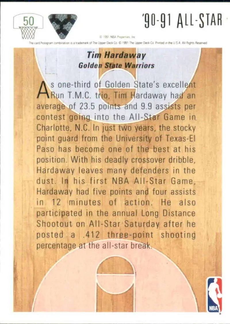 Tim Hardaway Golden State Warriors basketball trading card with beige background stats