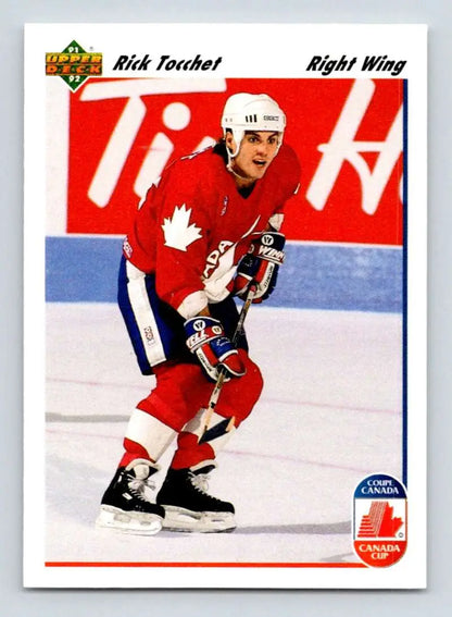 Hockey player in red Team Canada jersey skating, showcasing Rick Tocchet Upper Deck card