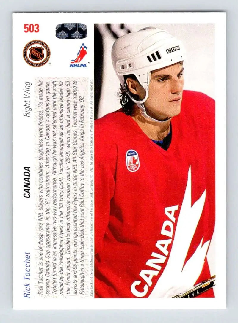 Hockey player in red Team Canada jersey and white helmet on 1991-92 Upper Deck Rick Tocchet card