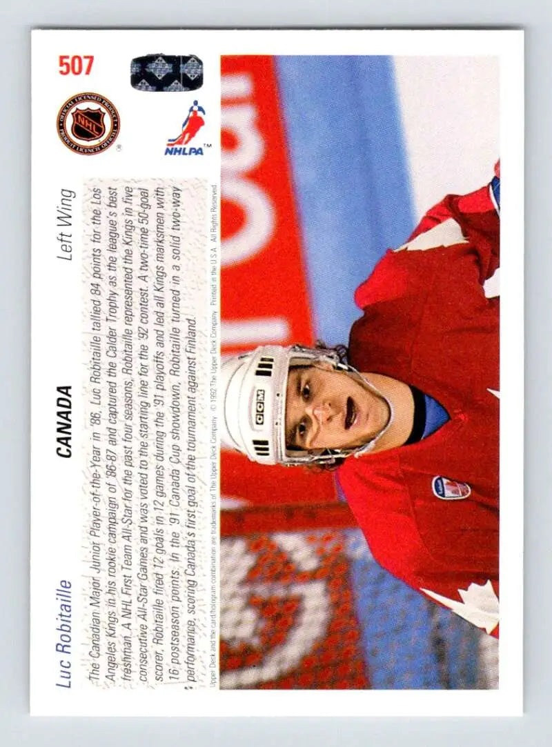 Hockey card of Luc Robitaille in red jersey for Los Angeles Kings 1991-92 Upper Deck