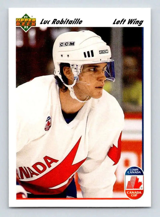 Hockey player in white Team Canada jersey showcasing Luc Robitaille Los Angeles Kings Hockey Card