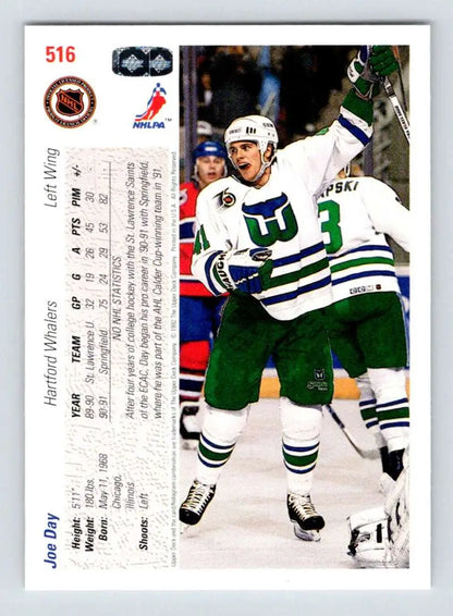 Hockey player in Hartford Whalers jersey celebrating, featured on Joe Day hockey card