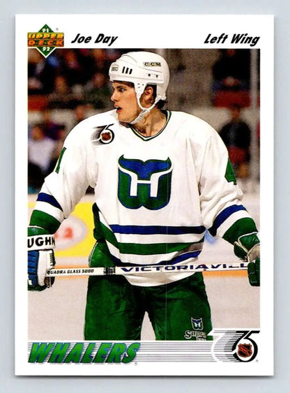 Joe Day Hartford Whalers hockey card in white and green uniform from 1991-92 Upper Deck