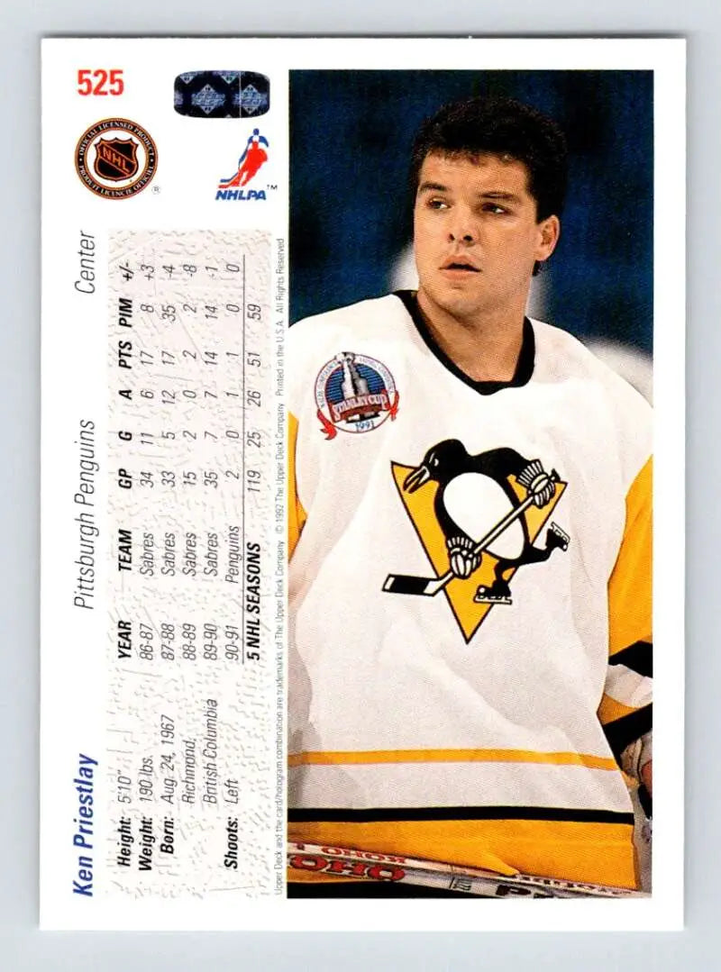 Hockey player in white Pittsburgh Penguins jersey on Ken Priestlay Upper Deck card