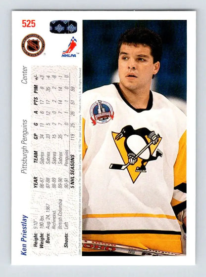 Hockey player in white Pittsburgh Penguins jersey on Ken Priestlay Upper Deck card