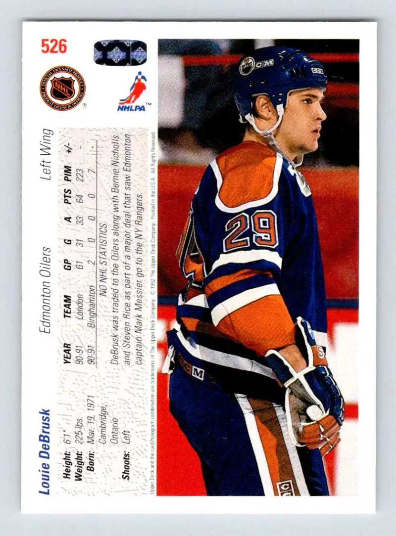 Hockey card of Louie DeBrusk in Edmonton Oilers blue and orange uniform
