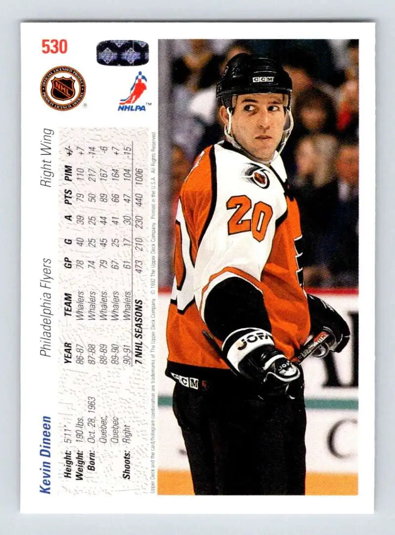 Hockey card of Kevin Dineen in an orange Philadelphia Flyers uniform number 20