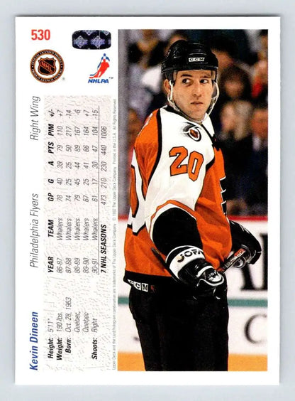 Hockey card of Kevin Dineen in an orange Philadelphia Flyers uniform number 20