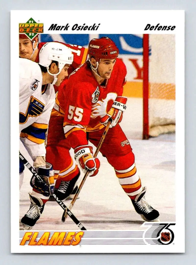 Calgary Flames Rookie Card of Mark Osiecki in Red and Yellow Upper Deck Jersey #55