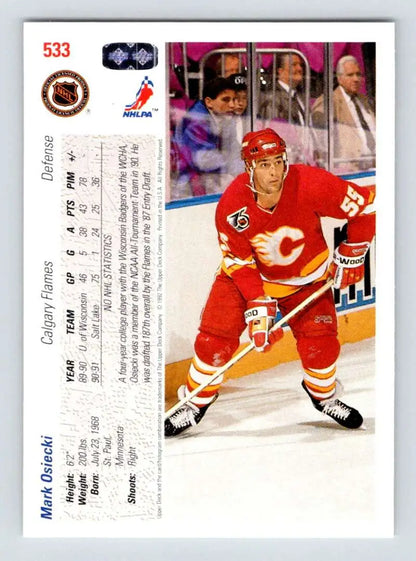 Hockey trading card of Mark Osiecki in red Calgary Flames jersey, Upper Deck rookie card