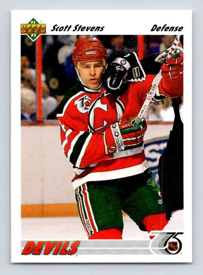 Hockey player in New Jersey Devils jersey featured on Scott Stevens hockey card