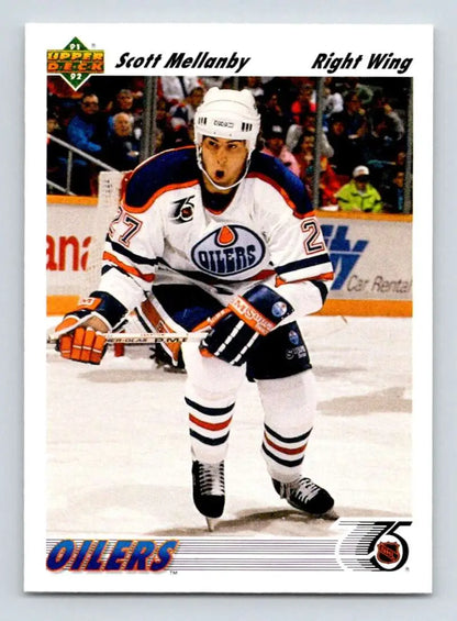 Hockey player in a white Edmonton Oilers jersey on ice for Scott Mellanby hockey card
