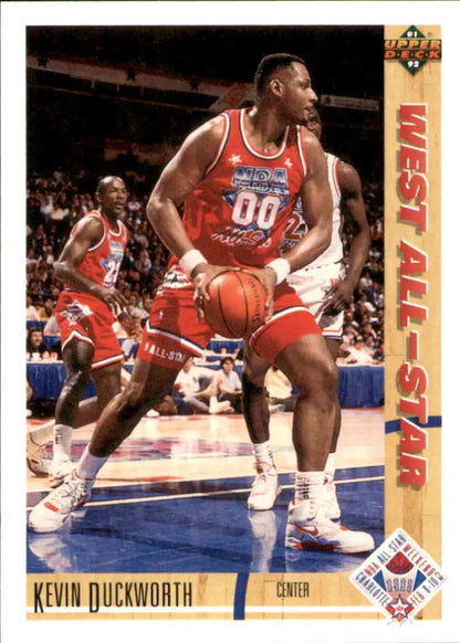 Basketball card of Kevin Duckworth in red jersey for Portland Trail Blazers All-Star