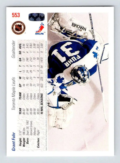 Hockey card of Grant Fuhr in blue and white Toronto Maple Leafs uniform
