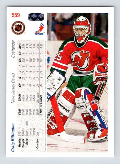 Hockey goalie Craig Billington in New Jersey Devils uniform on Upper Deck card