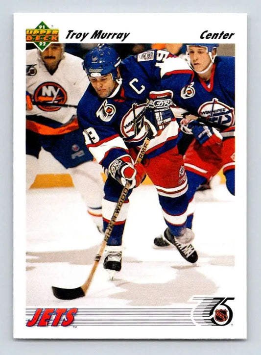 Hockey card of Troy Murray in blue Winnipeg Jets jersey from 1991-92 Upper Deck