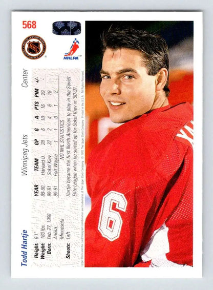 1991-92 Upper Deck Todd Hartje Rookie Hockey Card featuring Winnipeg Jets player number 6
