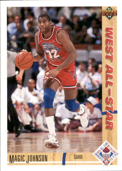 Magic Johnson dribbling in red Western Conference All-Star uniform basketball card