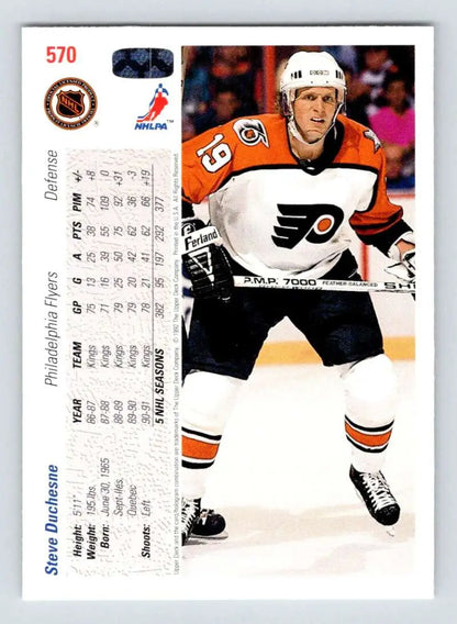 Hockey trading card of Steve Duchesne in Philadelphia Flyers uniform, 1991-92 Upper Deck
