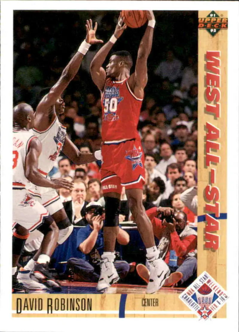 Basketball trading card of David Robinson in red uniform for San Antonio Spurs