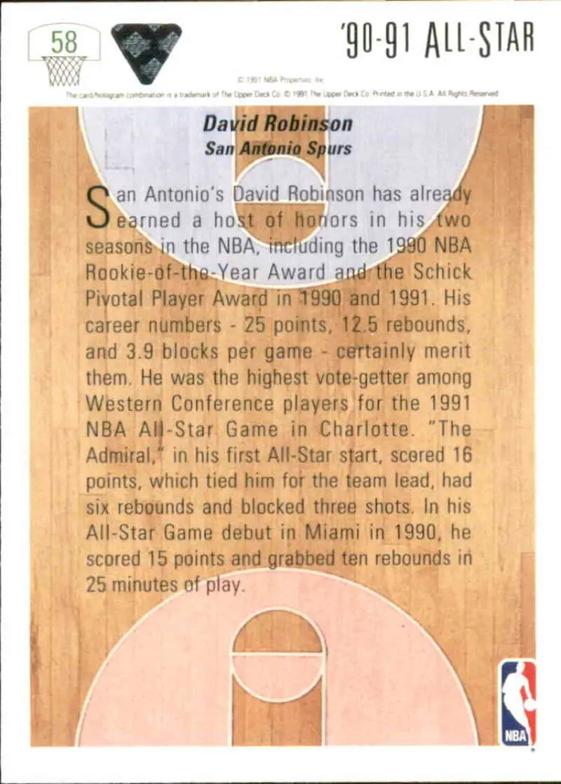 David Robinson San Antonio Spurs basketball card from 1991-92 Upper Deck AS series