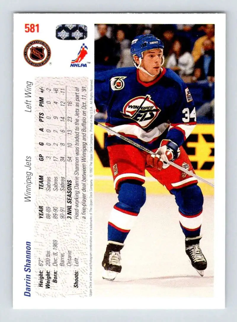 Hockey trading card of Darrin Shannon in Winnipeg Jets uniform from Upper Deck