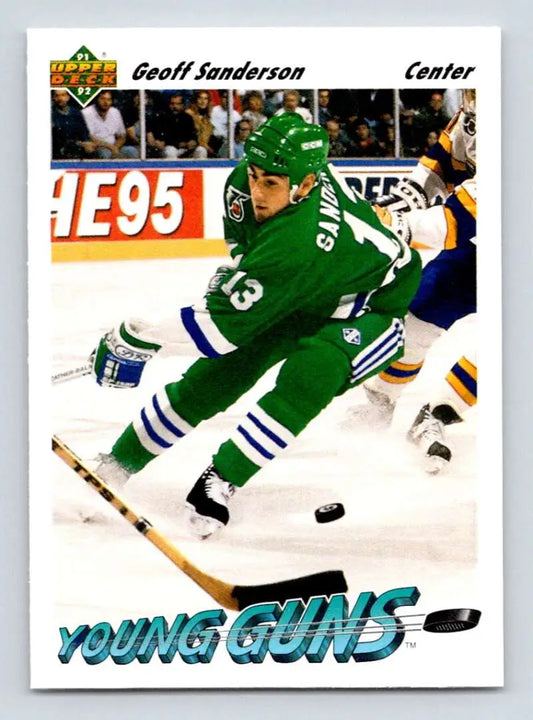 Geoff Sanderson skating in green jersey on 1991-92 Upper Deck Hartford Whalers card