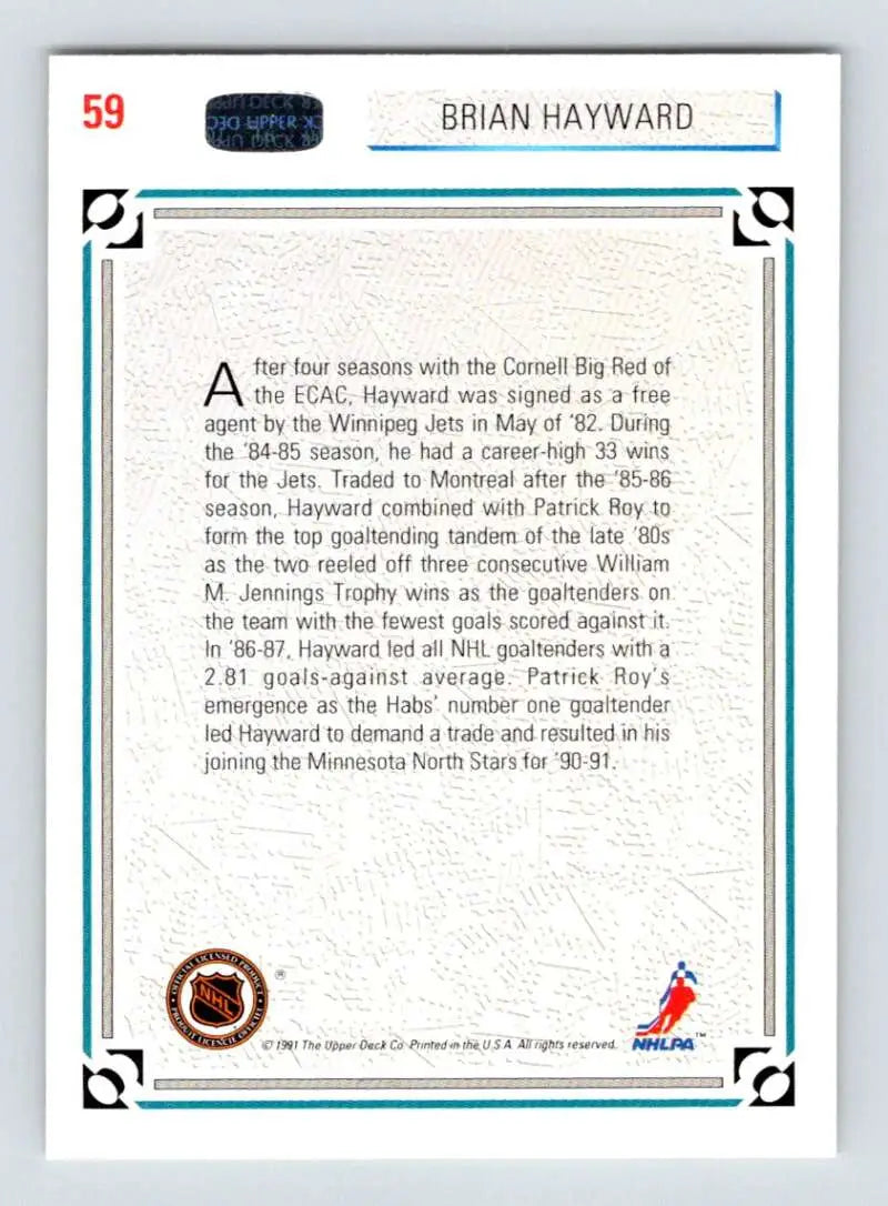 Hockey card featuring biographical text about NHL player Brian Hayward from Upper Deck