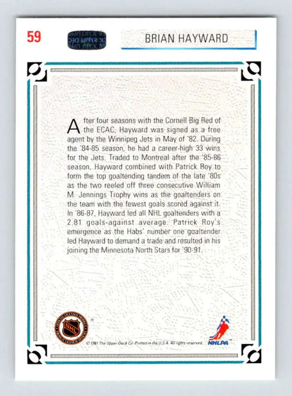 Hockey card featuring biographical text about NHL player Brian Hayward from Upper Deck
