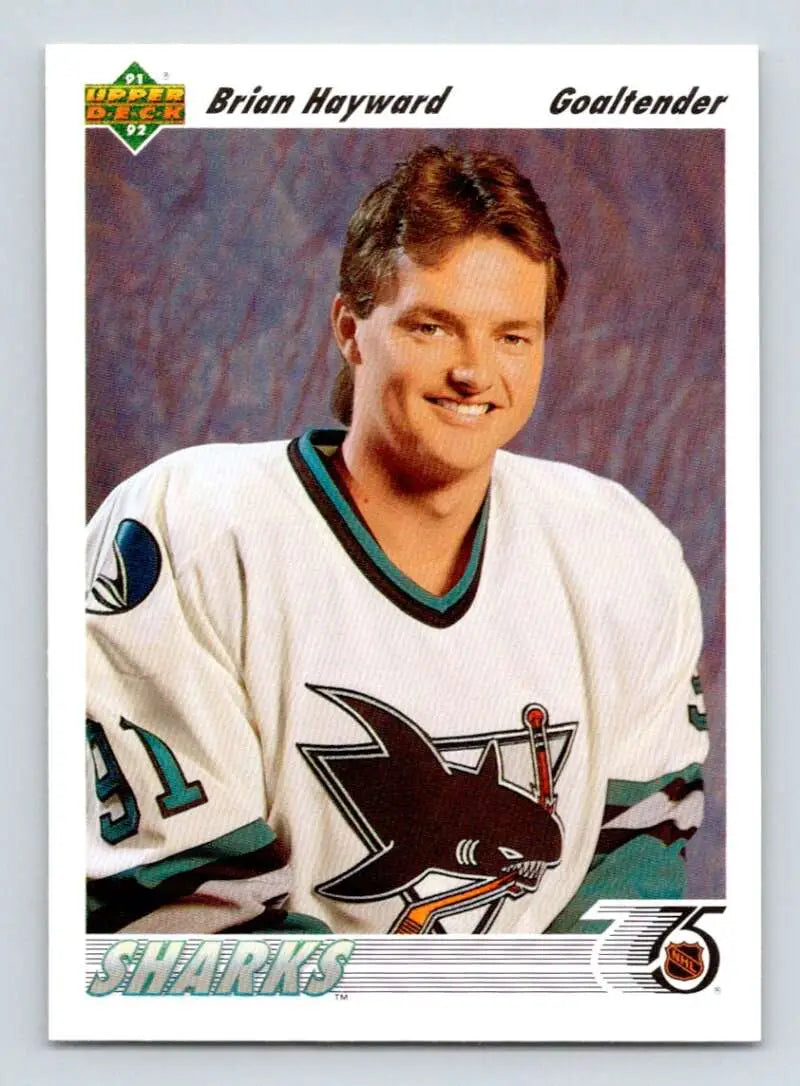 Hockey card of Brian Hayward in San Jose Sharks jersey from Upper Deck 1991-92 set