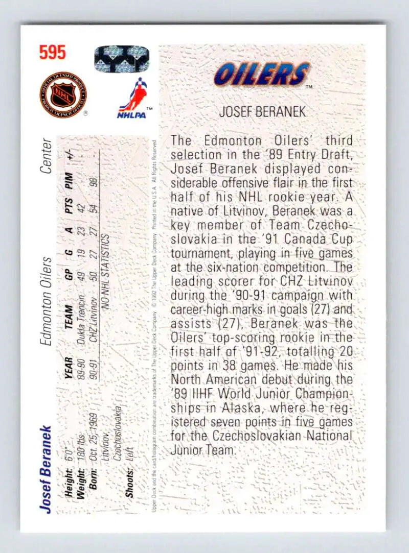 Hockey trading card featuring Josef Beranek of the Edmonton Oilers and player statistics