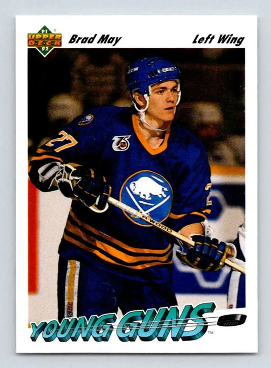 Buffalo Sabres hockey card showcasing Brad May in blue and gold Upper Deck uniform