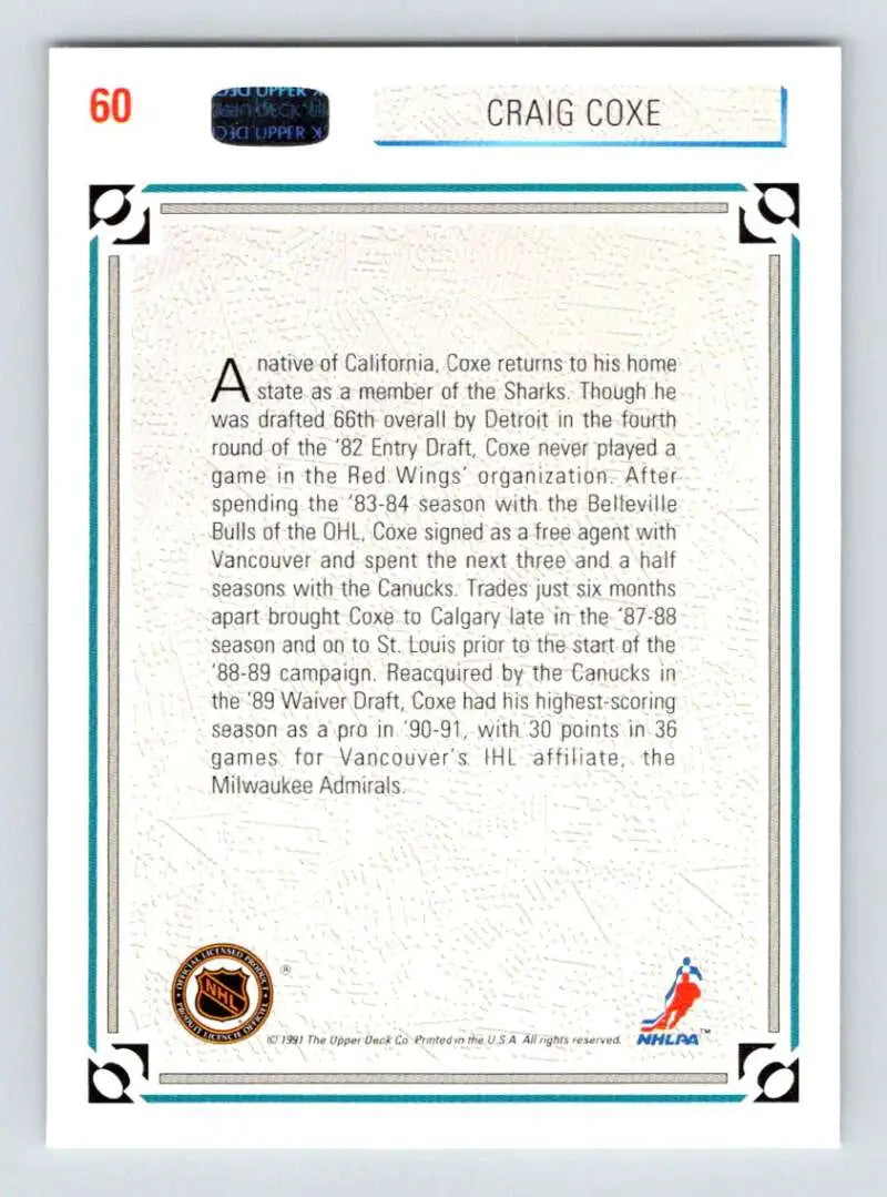 Hockey card featuring Craig Coxe biographical details from Upper Deck 1991-92 set