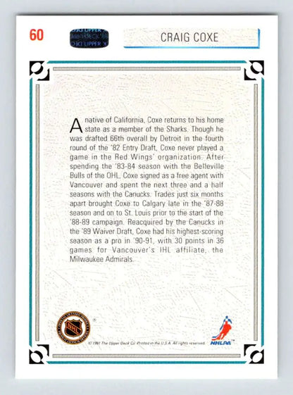Hockey card featuring Craig Coxe biographical details from Upper Deck 1991-92 set
