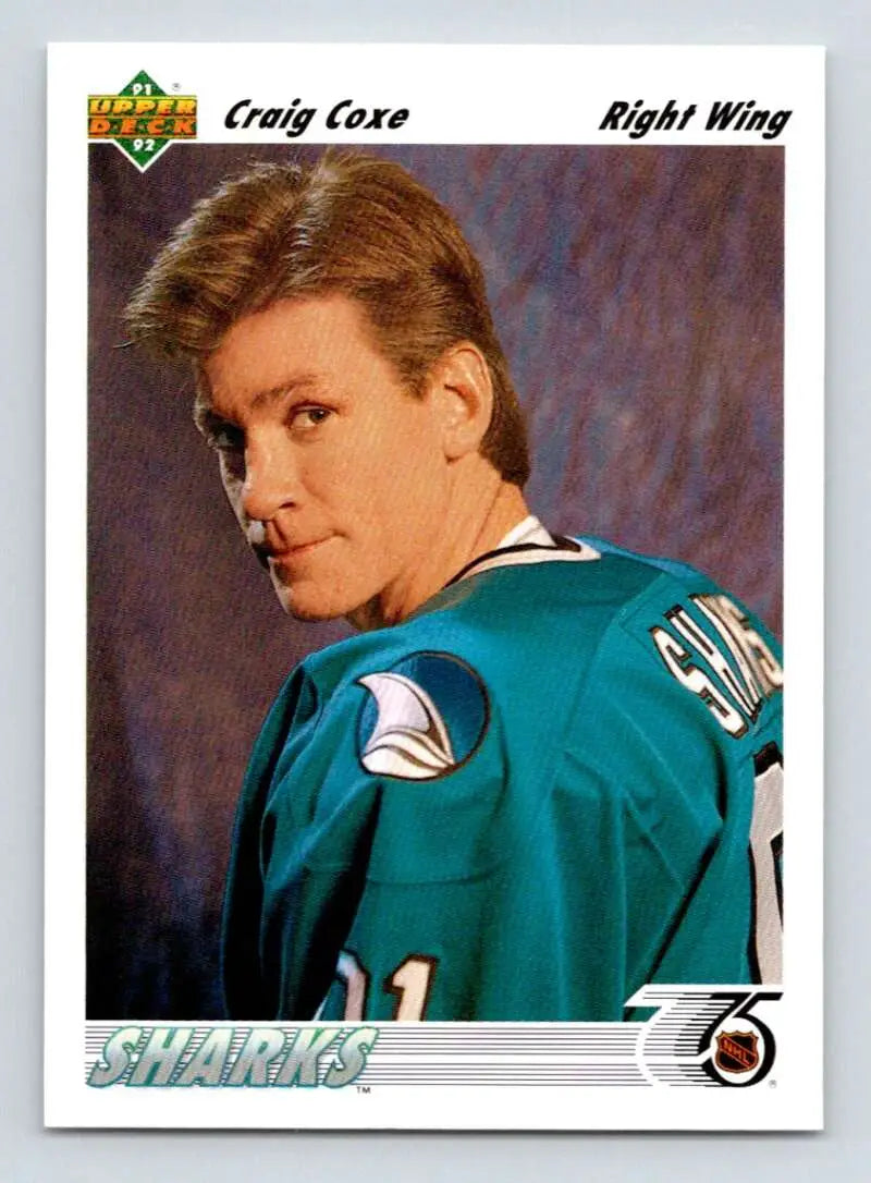 Hockey player in teal San Jose Sharks jersey on 1991-92 Upper Deck Craig Coxe card