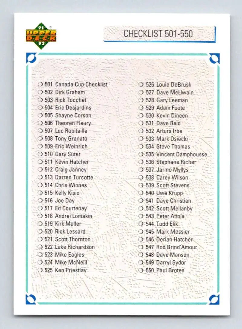 Checklist card 501-550 from 1991-92 Upper Deck Hockey Card set