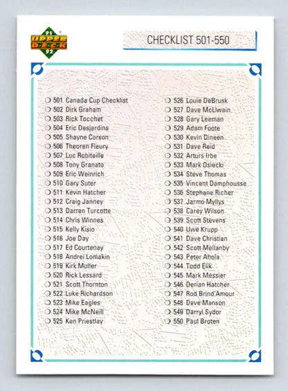 Checklist card 501-550 from 1991-92 Upper Deck Hockey Card set